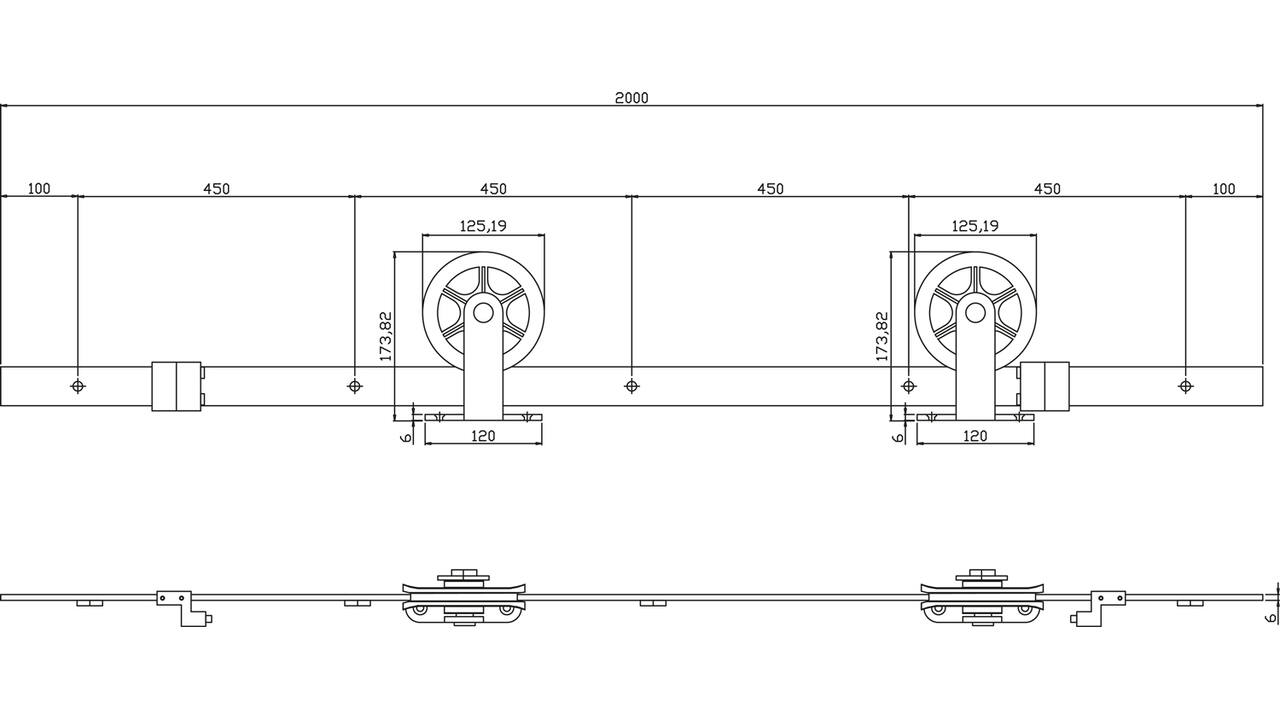 Schuifdeursysteem 2x1 meter met hangrollen spaakwiel top 170mm zwart