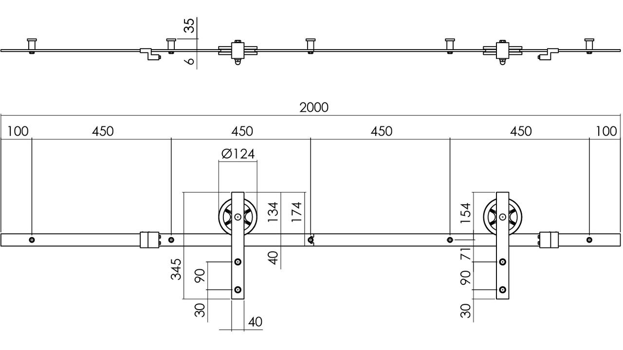 Schuifdeursysteem 2x1 meter met hangrollen spaakwiel 340mm zwart