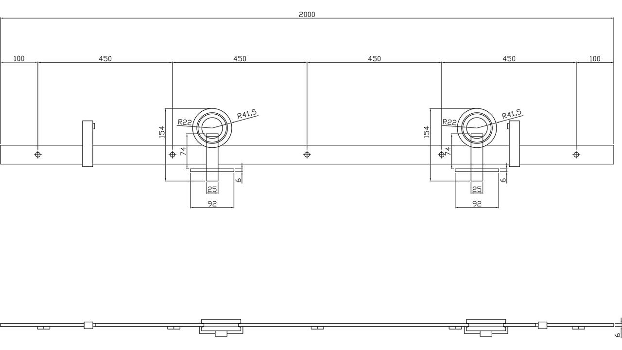 Schuifdeursysteem 2x1 meter met hangrollen open wiel top 155mm zwart