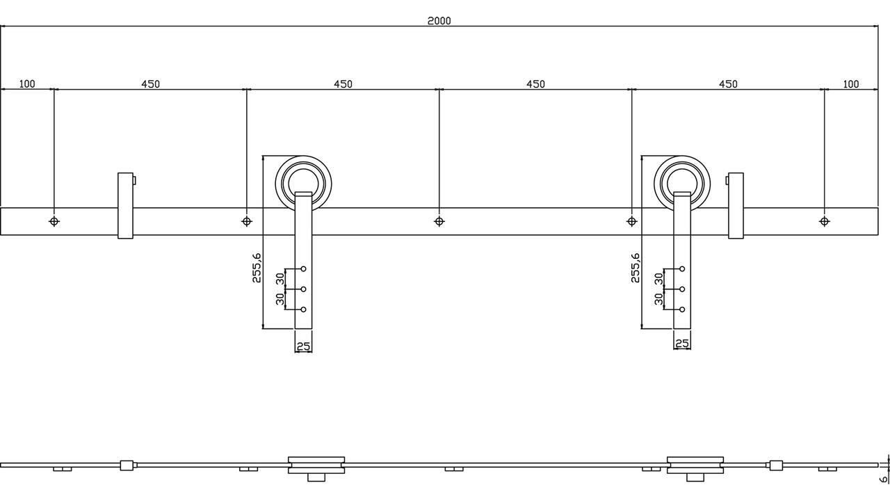 Schuifdeursysteem 2x1 meter met hangrollen open wiel 255mm zwart