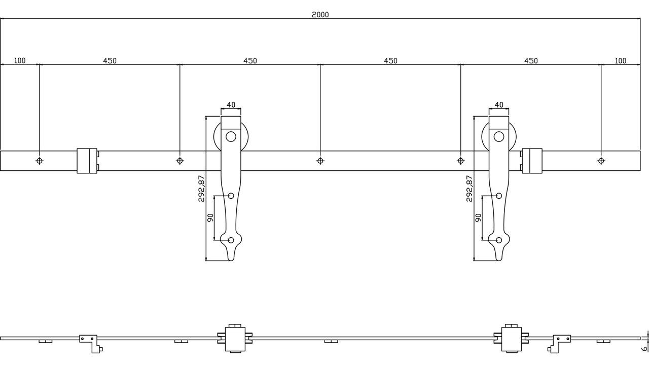 Schuifdeursysteem 2x1 meter met hangrollen pijlvorm 290mm zwart