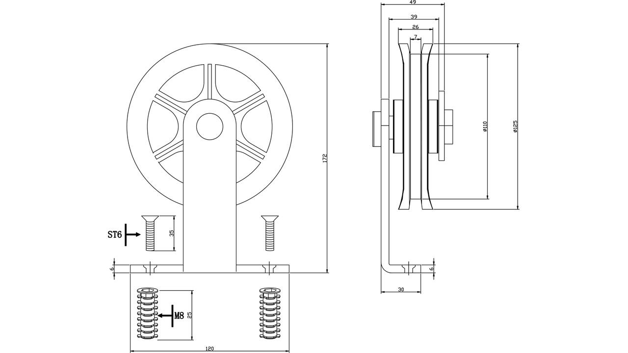 Set van 2 rollers spaakwiel top 170mm tbv schuifdeursysteem 450120 inclusief bevestiging zwart