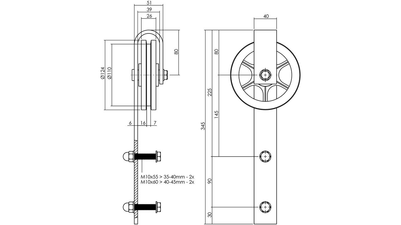 Set van 2 rollers spaakwiel 340mm tbv schuifdeursysteem 450121 inclusief bevestiging zwart