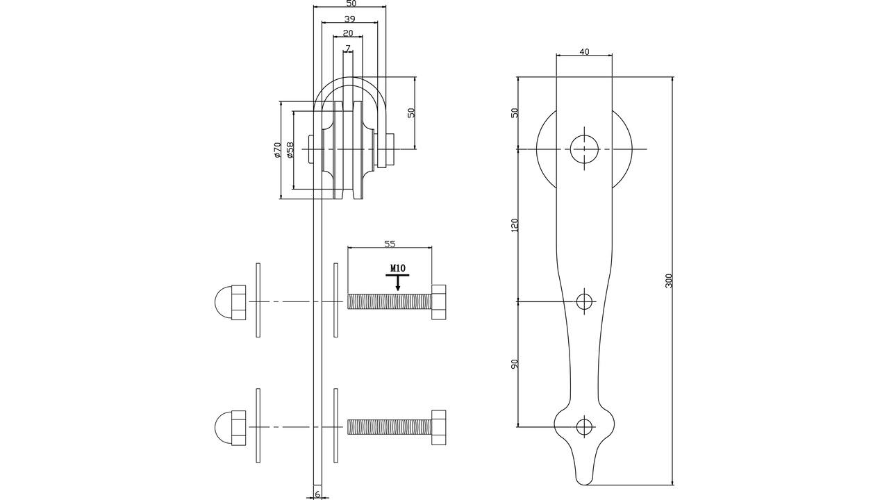 Set van 2 rollers pijlvorm 290mm tbv schuifdeursysteem 450124 inclusief bevestiging zwart