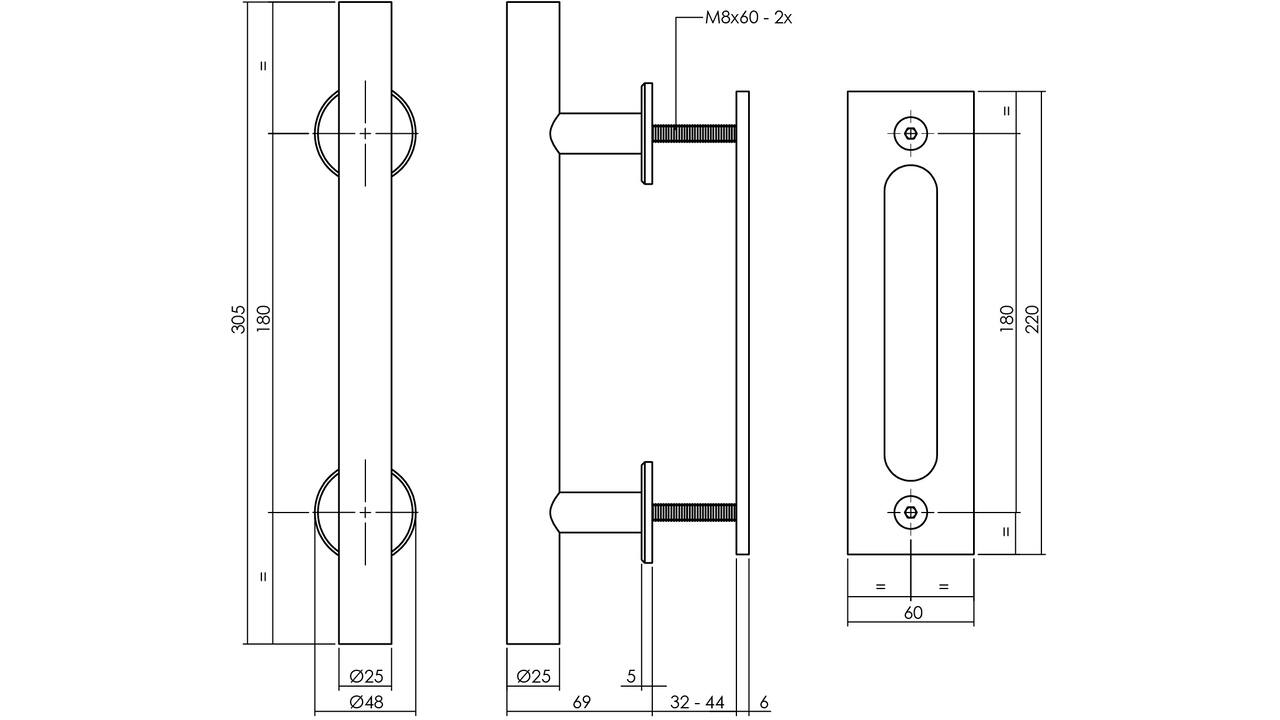 Deurgreep T-vorm ø25x305mm met schuifdeurkom 220x60mm zwart