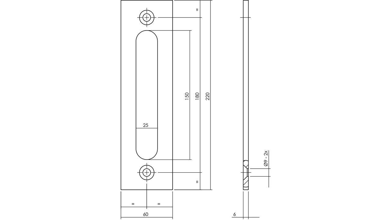 Schuifdeurkom rechthoekig opschroevend 220x60x6mm zwart