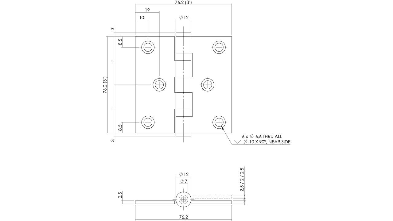 Kogellagerscharnier recht 3" (76x76x2,5mm) rvs zwart