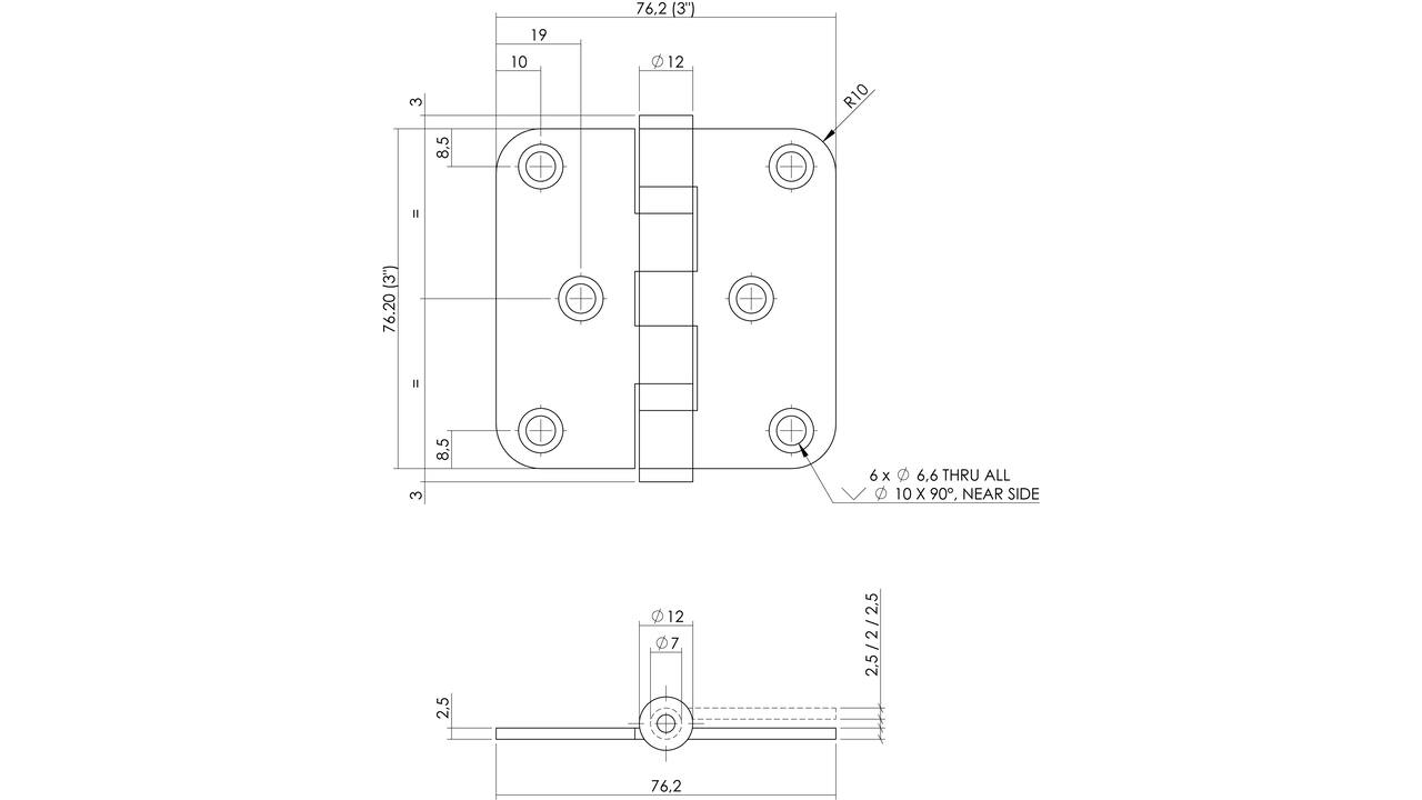 Kogellagerscharnier afgerond 3" (76x76x2,5mm) rvs zwart