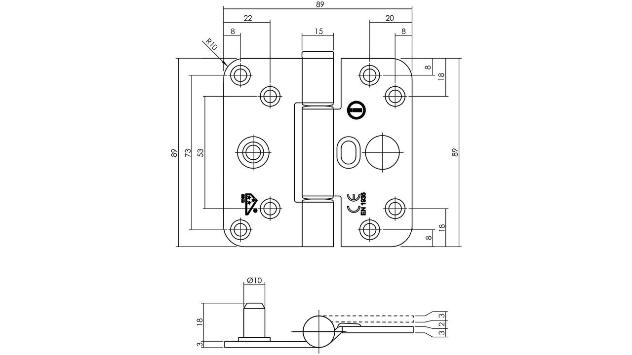 SKG3 glijlagerscharnier afgerond 89x89x3 DIN links CE (EN1935: 2002) zwart - Geen schroeven toegevoegd.