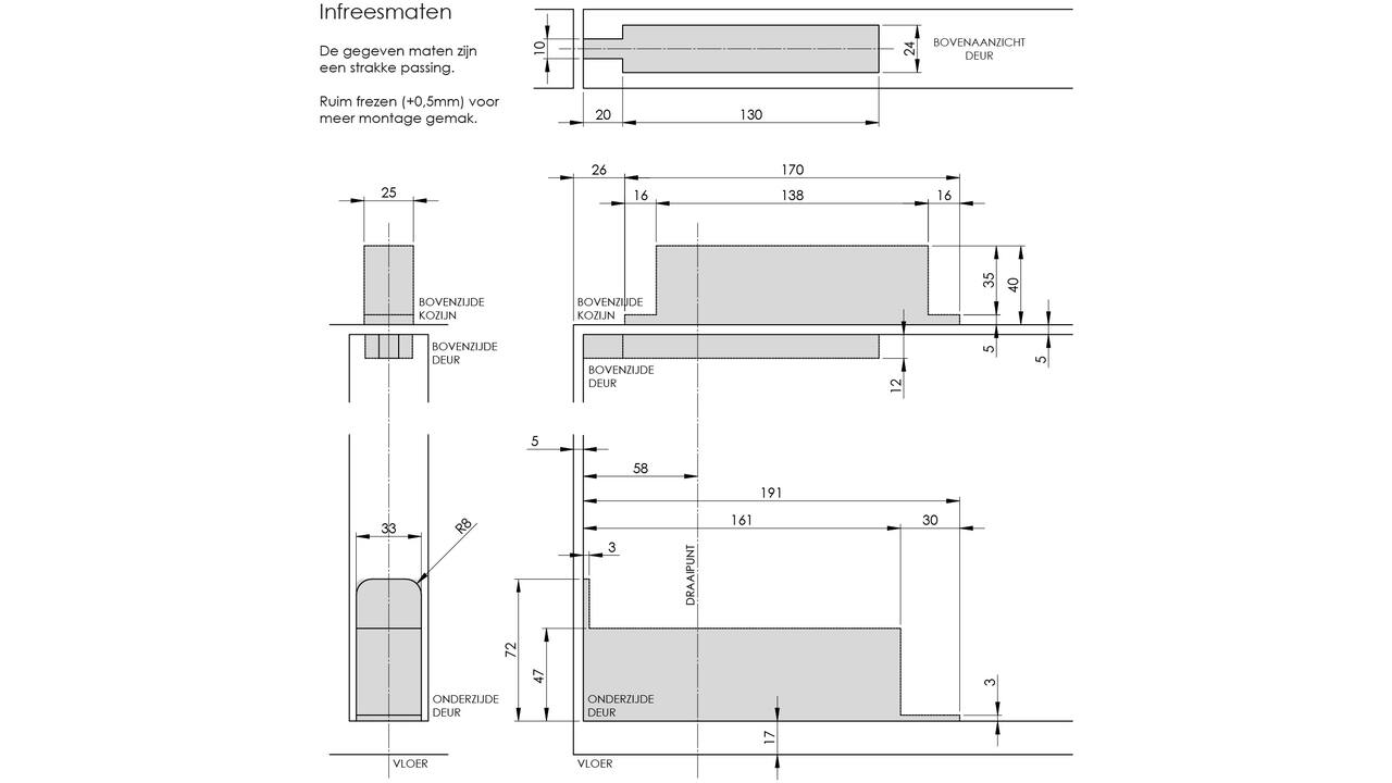 Taatsscharnier 158x47x33mm tbv houten deuren, afdekkappen zwart