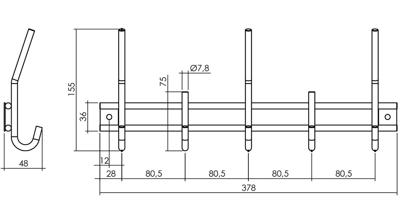 Garderobe rek 378x155mm met 5 haken zwart