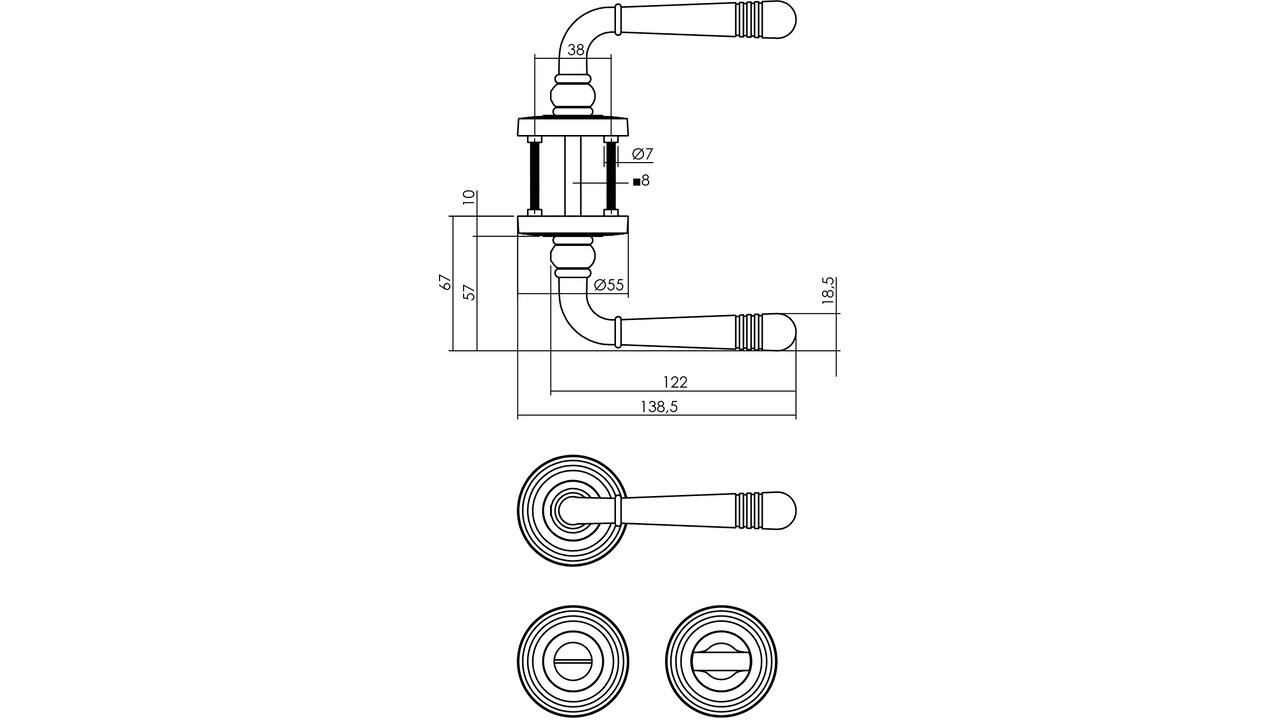 Deurkruk Helena op rozet verdekt met rillen ø55x10mm met nokken en WC-sluiting met stift 8x8mm gebruineerd