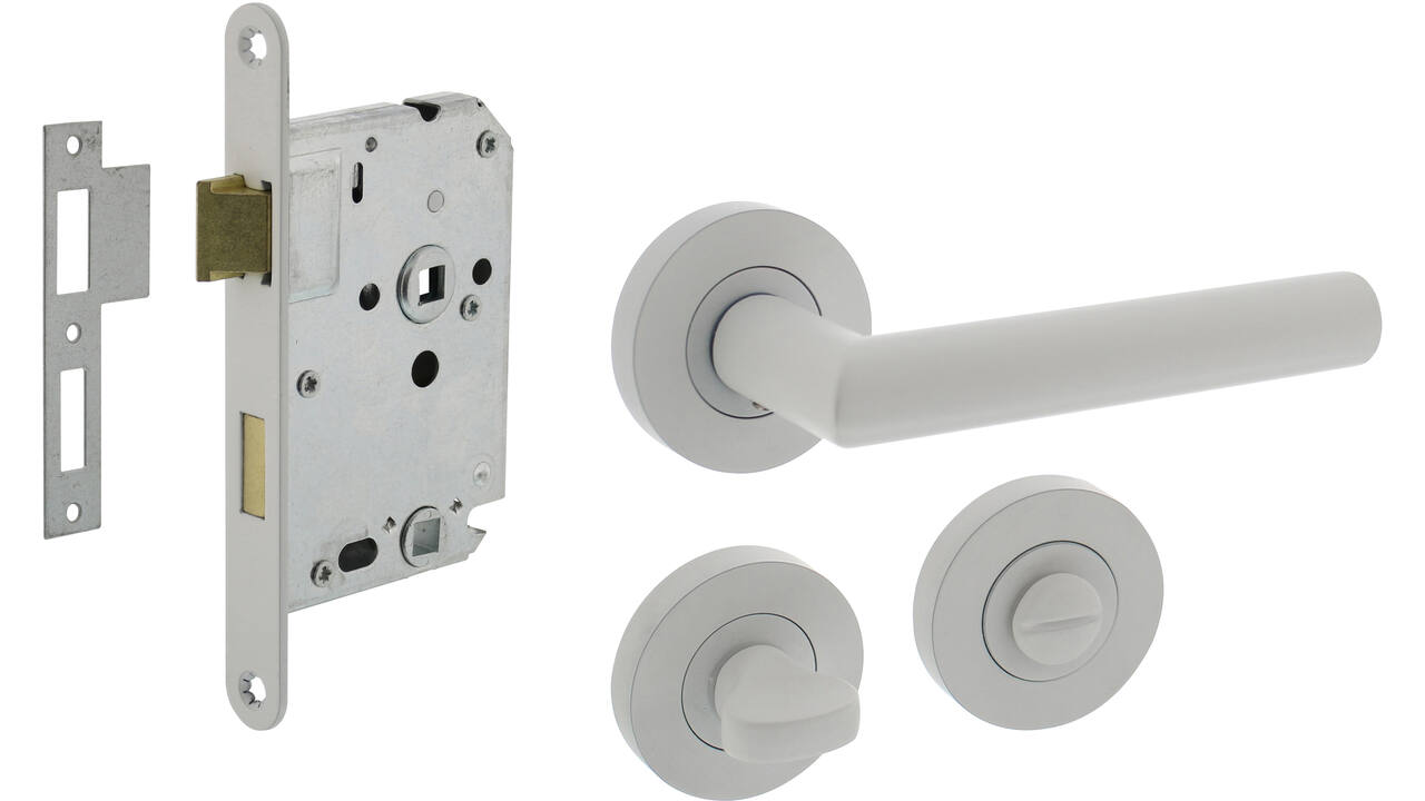 Set toiletslot 63/8mm wit met deurkruk Bastian op rozet ø52x10mm en WC-sluiting wit