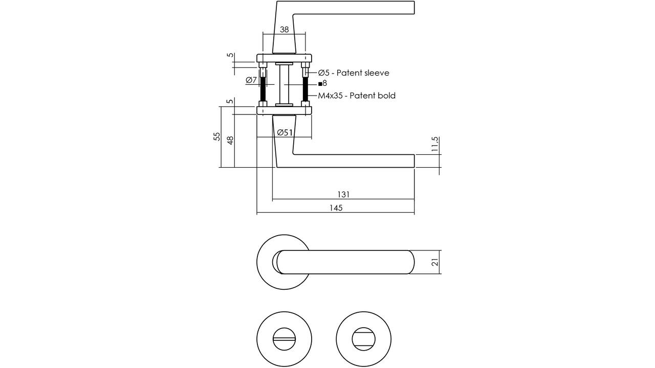 Deurkruk Sora met rozet verdekt ø51x5mm met nokken en WC-sluiting met stift 8x8mm grijs