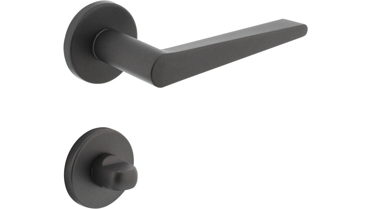 Deurkruk Tiga met rozet verdekt ø51x5mm met nokken en WC-sluiting met stift 8x8mm grijs