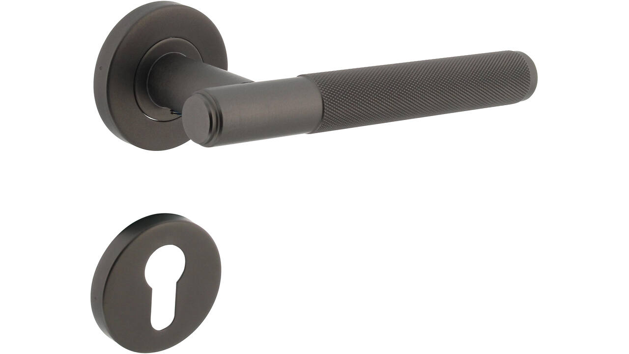 Deurkruk Rombo op rozet verdekt ø53x8mm met nokken en cilinderrozetten antraciet grijs
