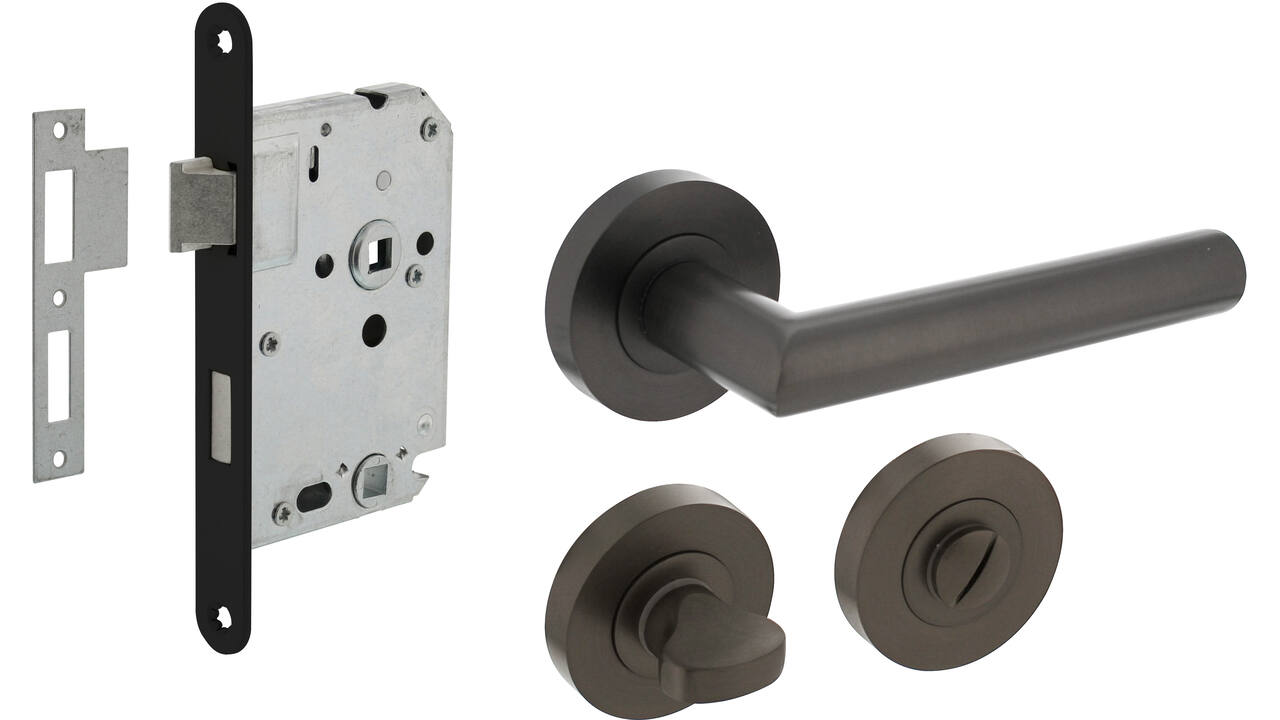 Set toiletslot 63/8 zwart met deurkruk Bastian op rozet ø52x10mm en WC-sluiting antraciet grijs