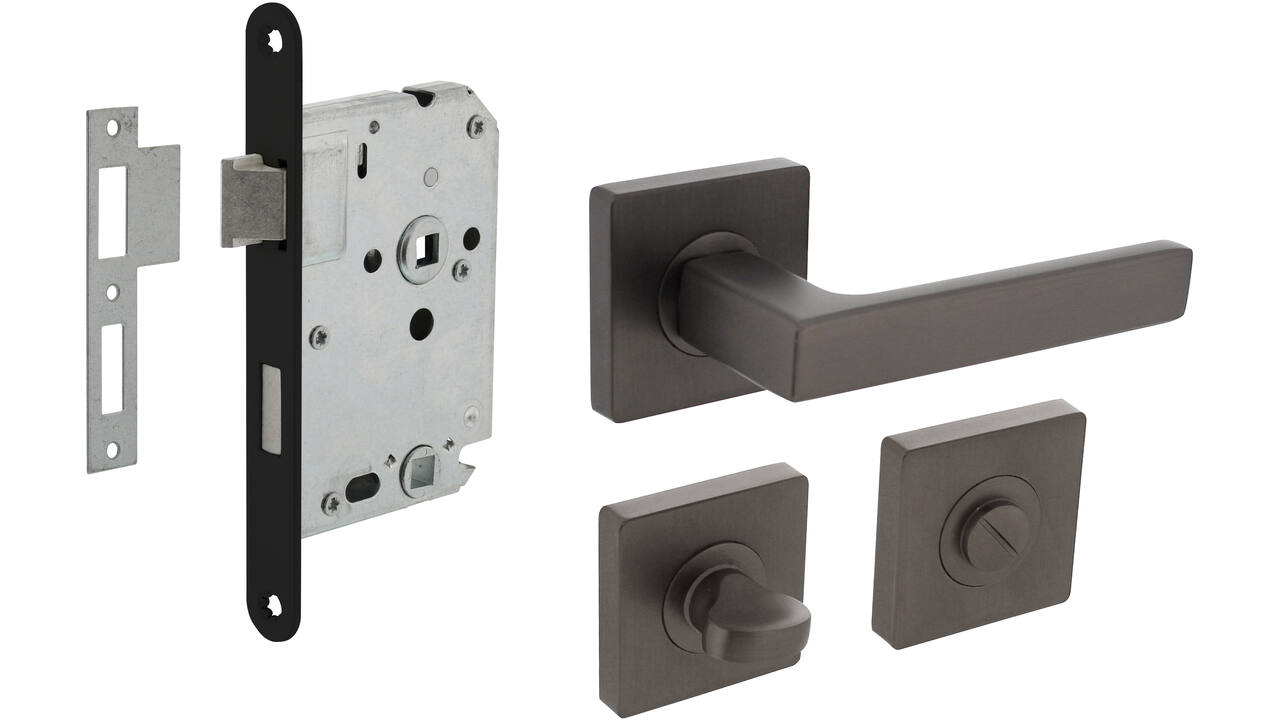 Set toiletslot 63/8mm zwart met deurkruk Hera op rozet 55x55mm en WC-sluiting antraciet grijs