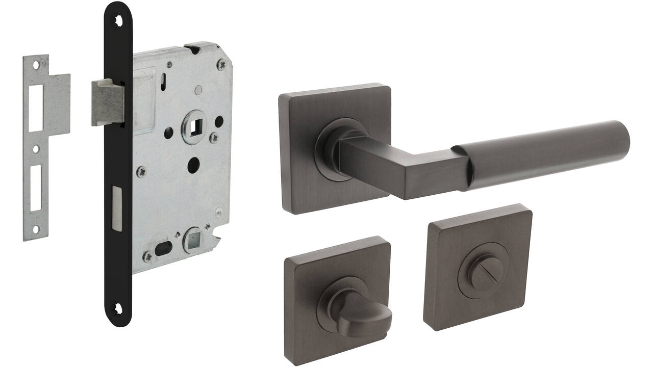 Set toiletslot 63/8mm zwart met deurkruk Baustil op rozet 55x55mm en WC-sluiting antraciet grijs