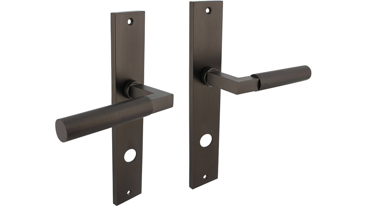 Deurkruk Baustil op schild rechthoekig 245x45mm rondcilindergat 78mm antraciet grijs