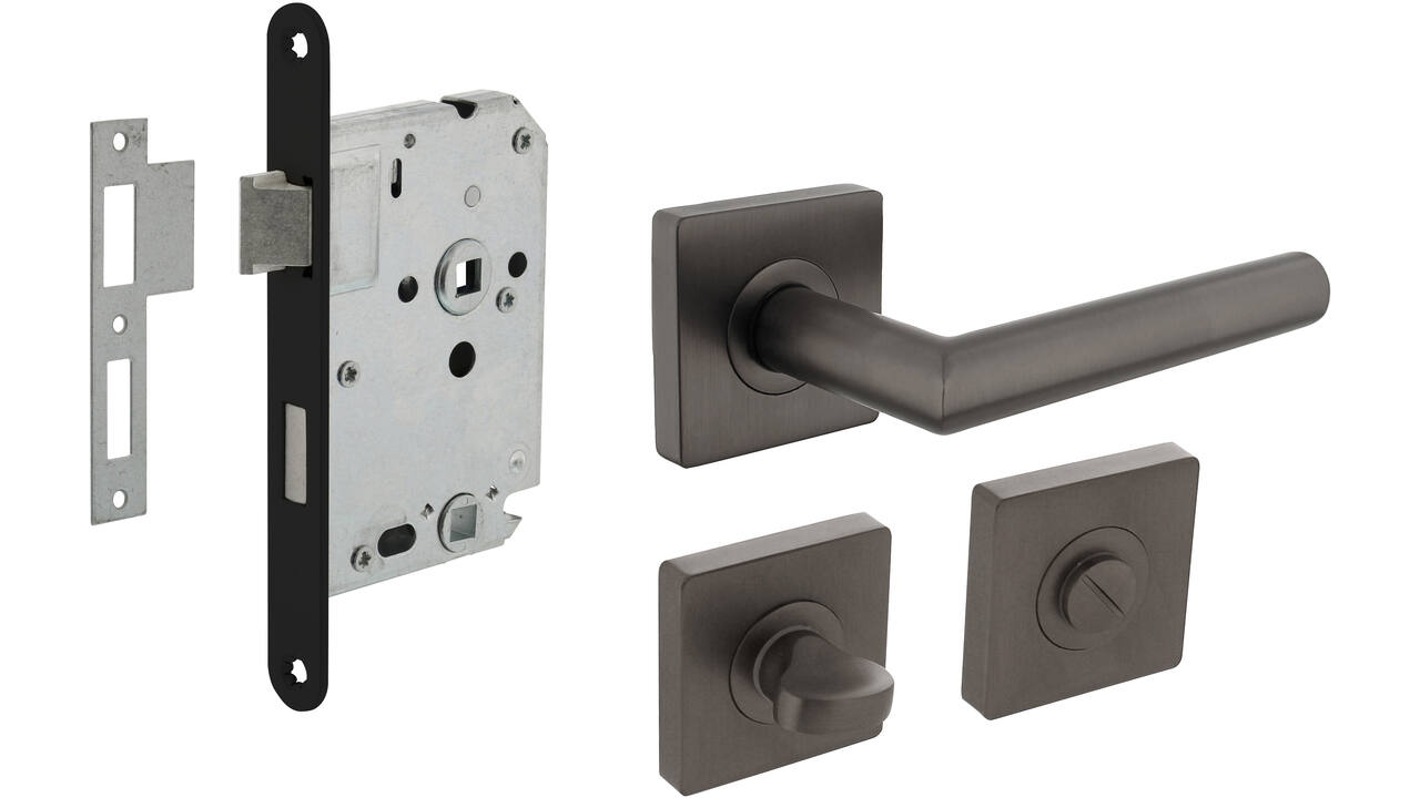 Set toiletslot 63/8mm zwart met deurkruk Bastian op rozet 55x55mm en WC-sluiting antraciet grijs