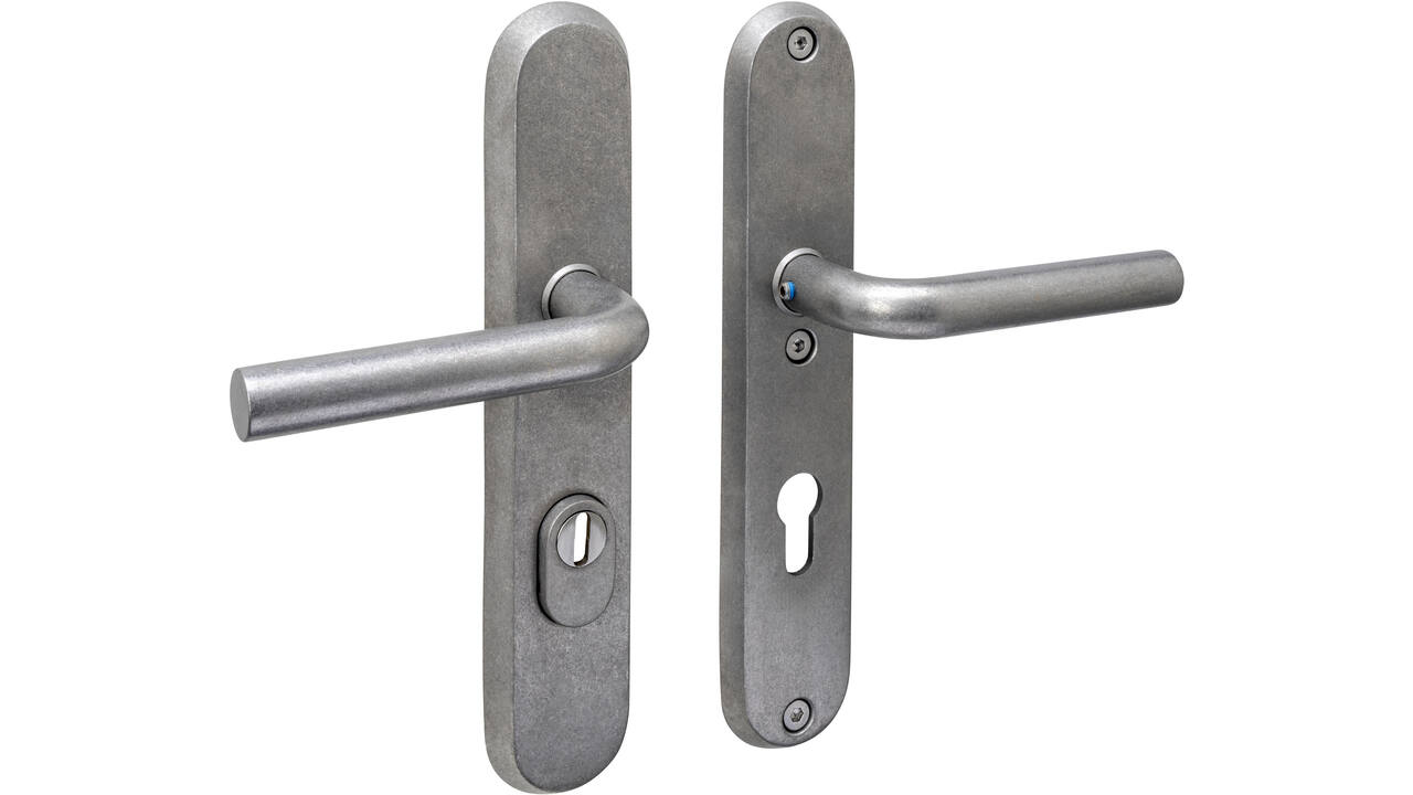 SKG3 veiligheidsbeslag ovaal 250x50mm kruk/kruk Luzern met veerconstructie profielcilindergat 72mm met kerntrekbeveiliging rvs getrommeld