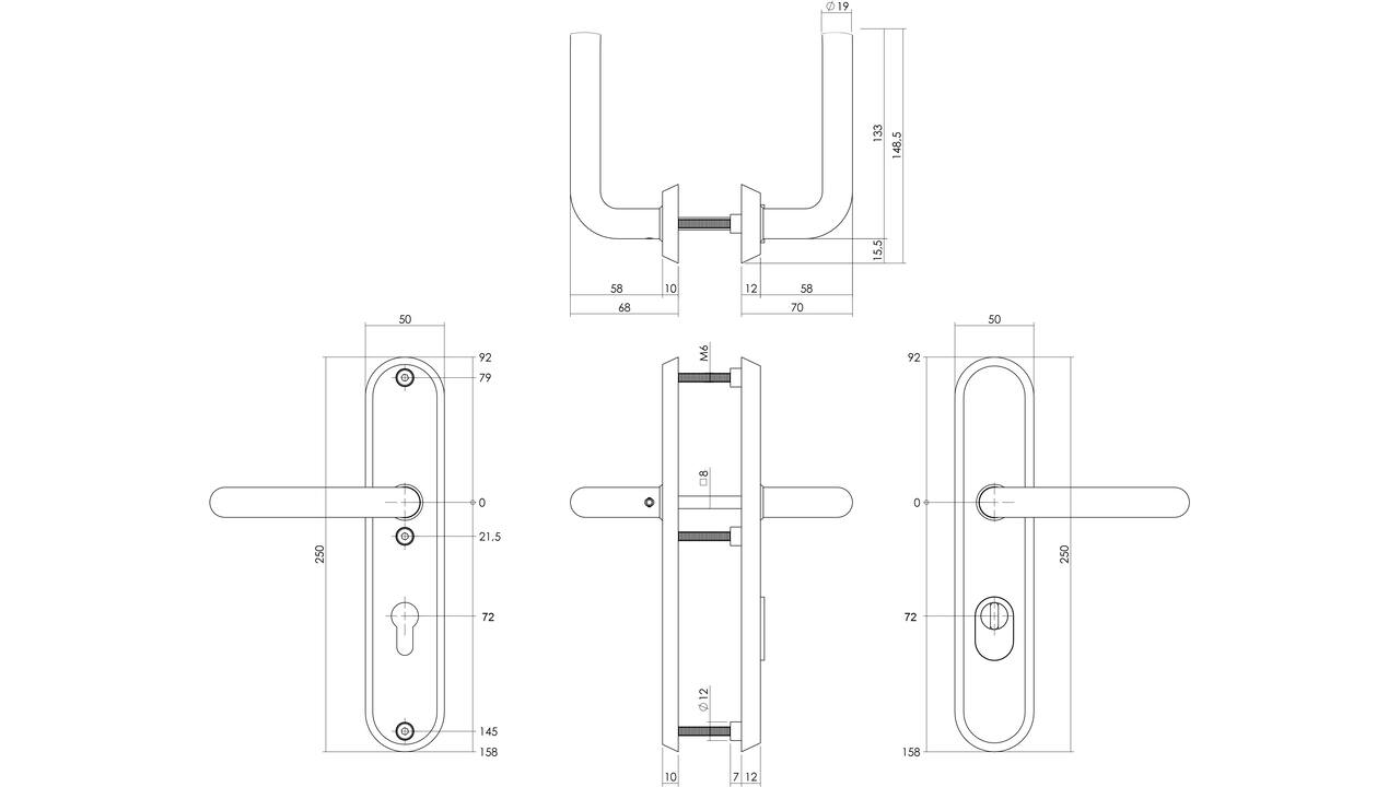 SKG3 veiligheidsbeslag ovaal 250x50mm kruk/kruk Luzern met veerconstructie profielcilindergat 72mm met kerntrekbeveiliging rvs getrommeld