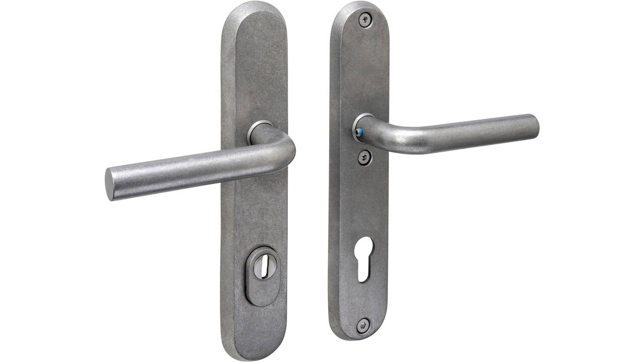 SKG3 veiligheidsbeslag ovaal 250x50mm kruk/kruk Luzern met veerconstructie profielcilindergat 92mm met kerntrekbeveiliging rvs getrommeld