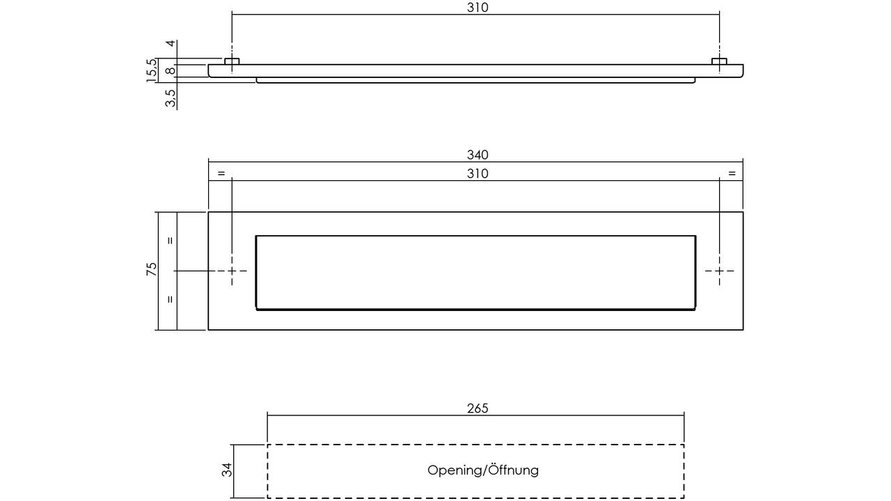 Briefplaat rechthoekig 340x75mm met klep/regenrand rvs getrommeld