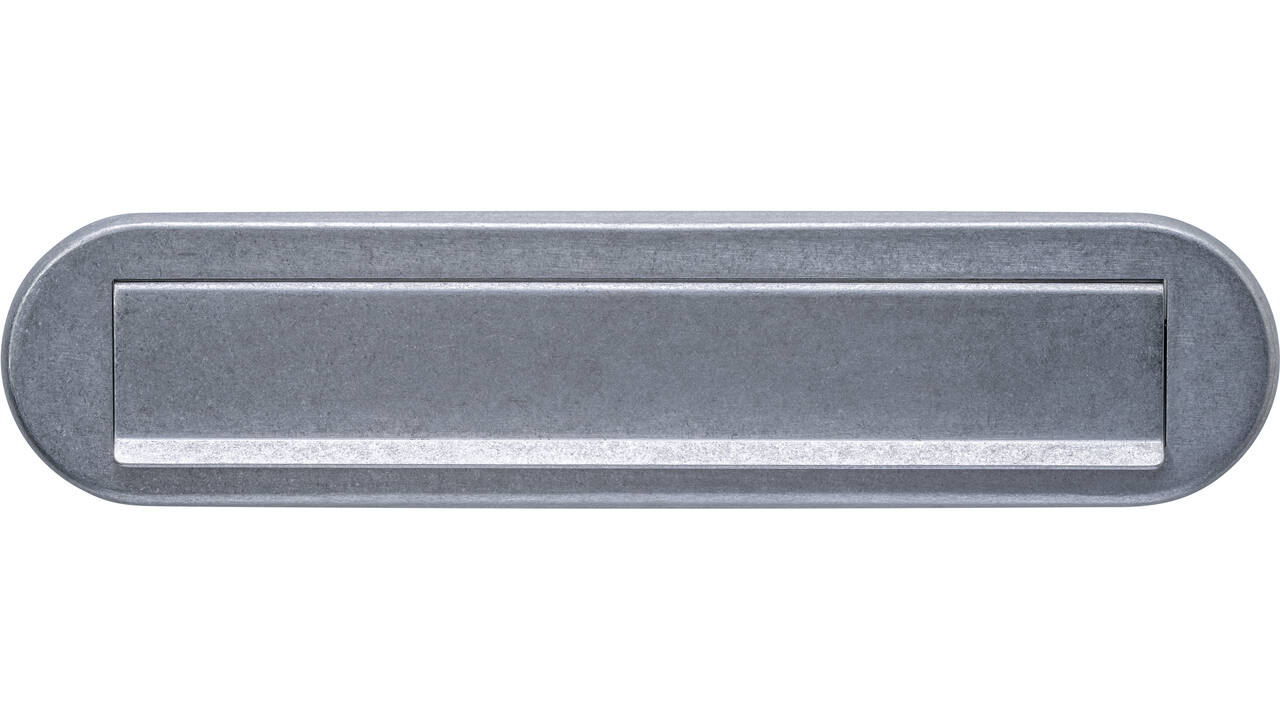 Briefplaat ovaal 340x80mm met klep/regenrand rvs getrommeld