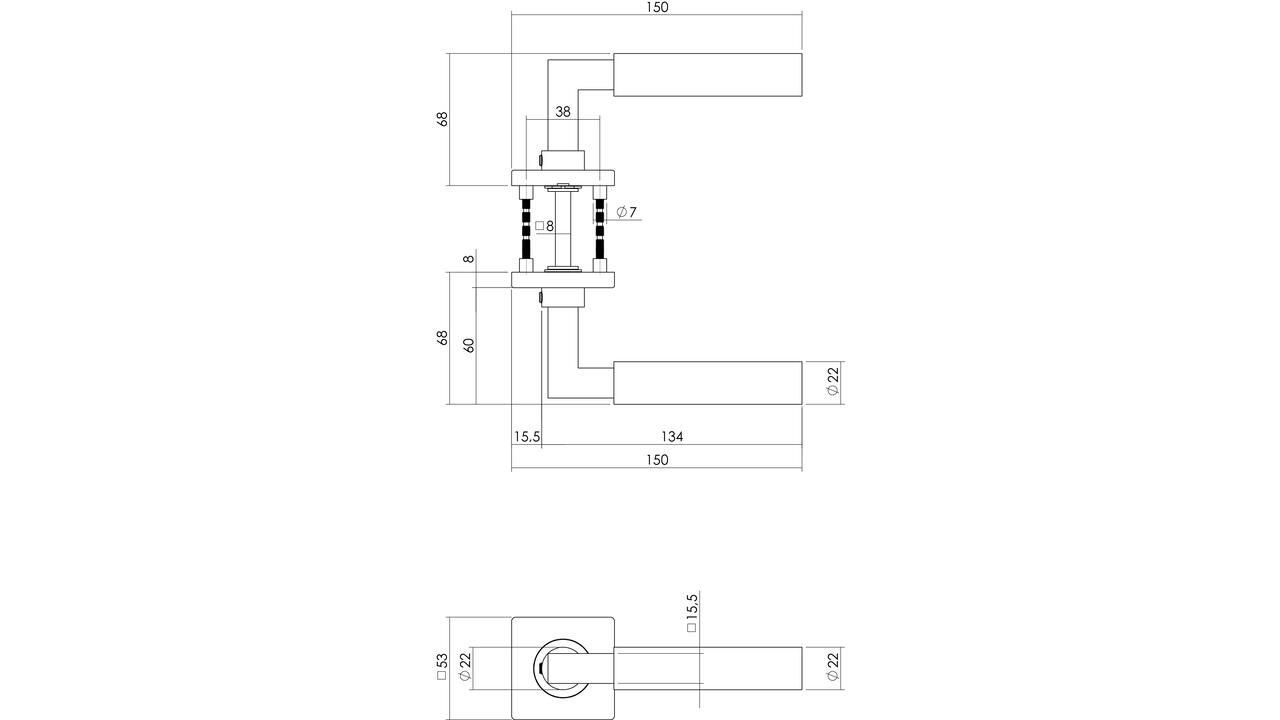 Deurkruk Baustil op rozet verdekt 53x53x8mm met nokken rvs