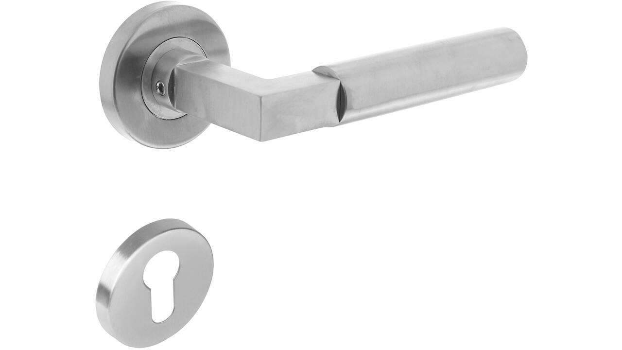 Deurkruk Baustil op rozet verdekt ø53x8mm met nokken en cilinderrozetten rvs