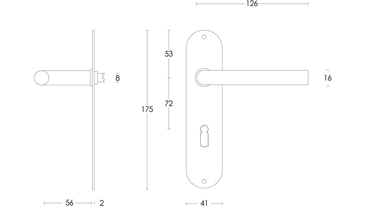 Deurkruk Recht ø16mm op schild ovaal 175x41x2mm sleutelgat 72mm rvs
