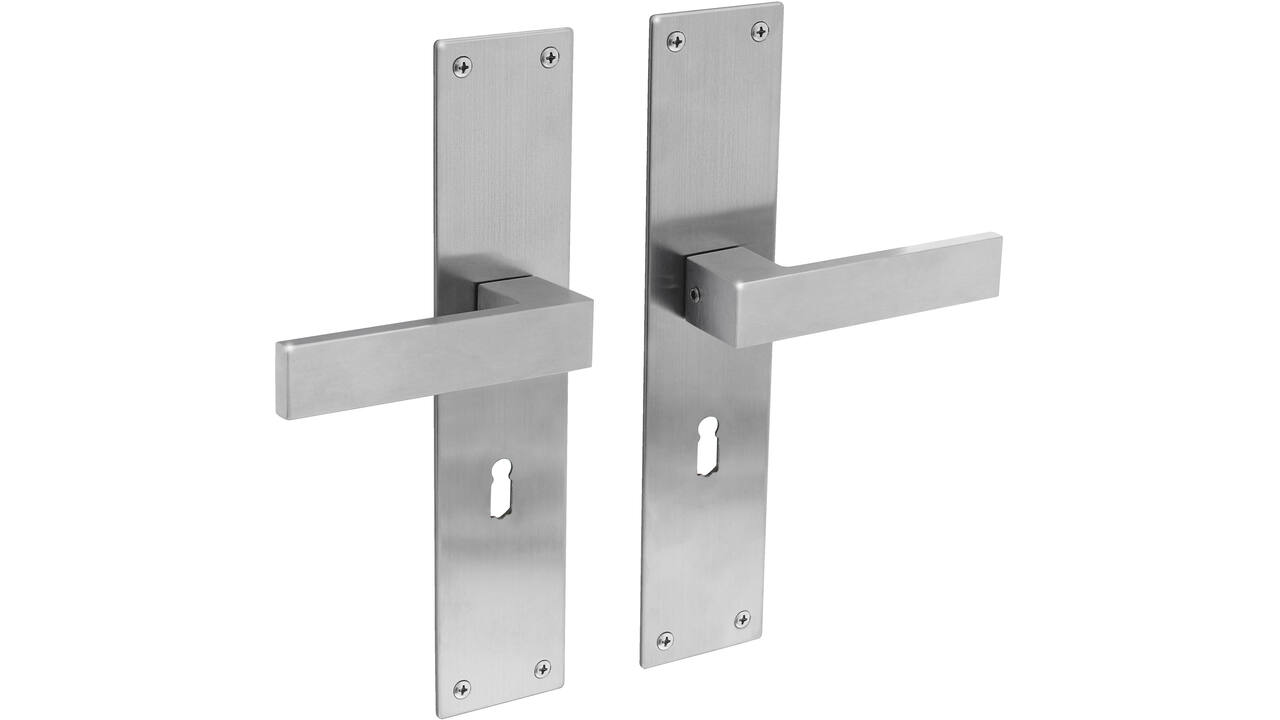 Deurkruk Amsterdam met schild rechthoekig 250x55x2mm sleutelgat 56mm rvs
