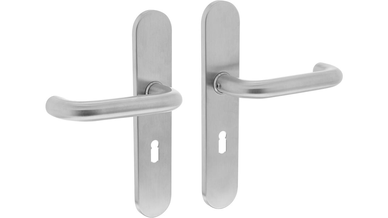 Deurkruk Rond op schild verdekt ovaal 220x42mm sleutelgat 56mm rvs
