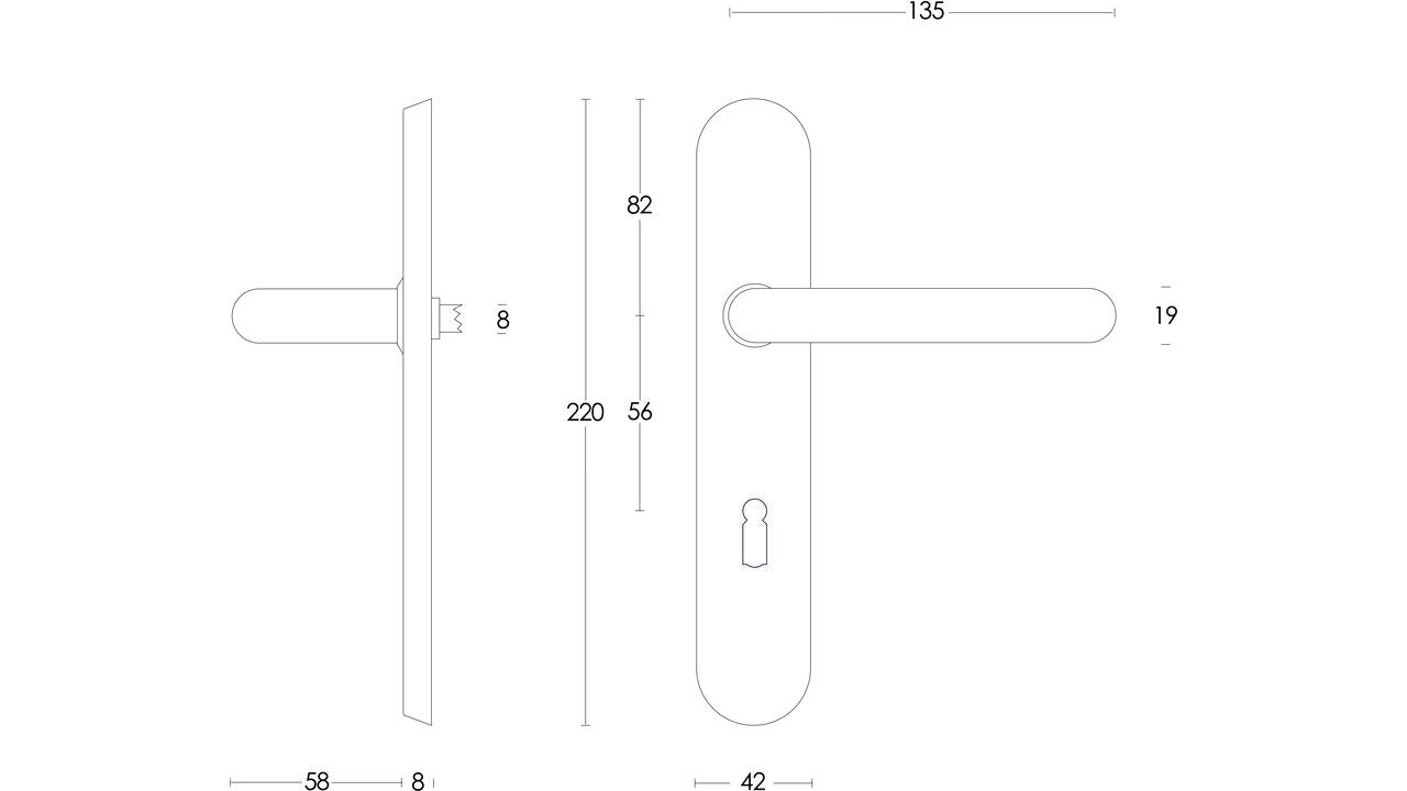 Deurkruk Rond op schild verdekt ovaal 220x42mm sleutelgat 56mm rvs