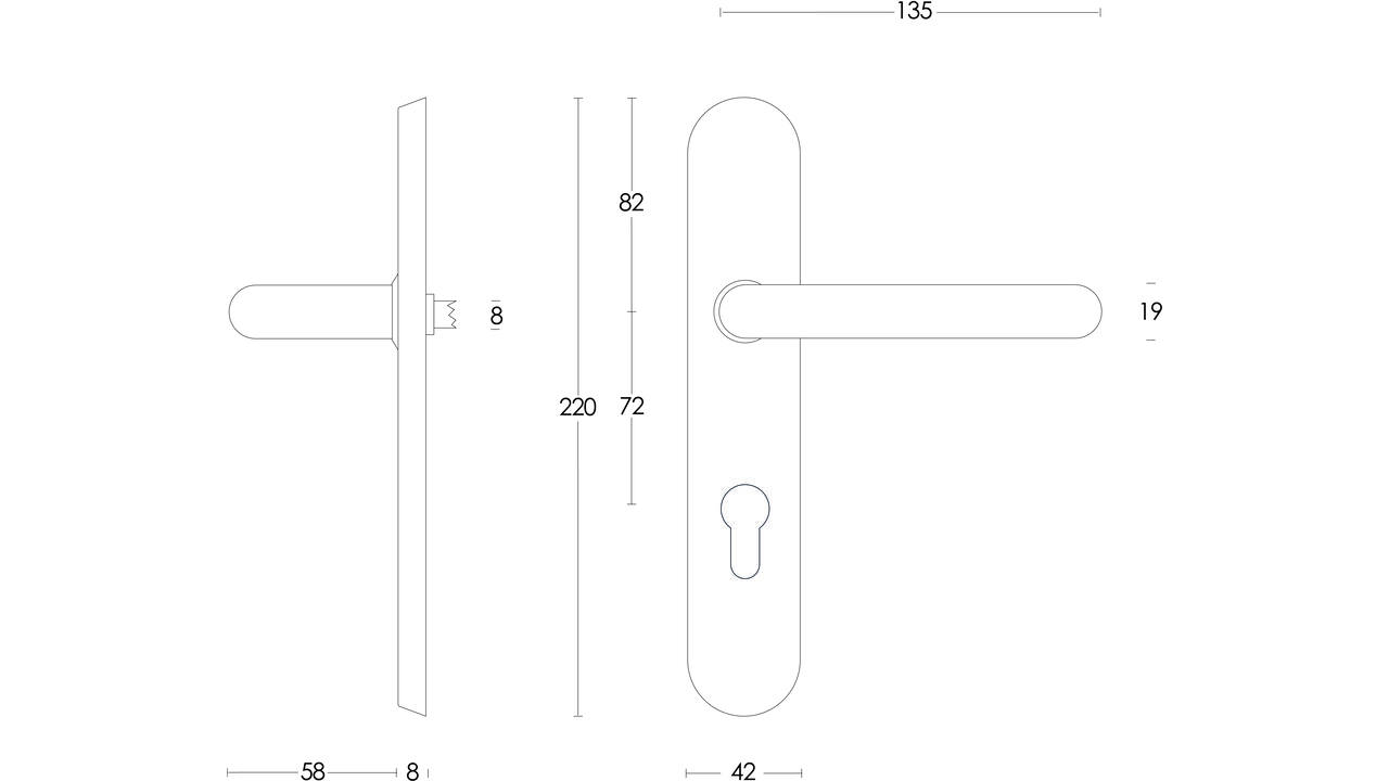 Deurkruk Rond op schild verdekt ovaal 220x42mm profielcilindergat 72mm rvs