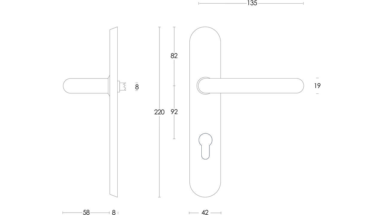 Deurkruk Rond op schild verdekt ovaal 220x42mm profielcilindergat 92mm rvs