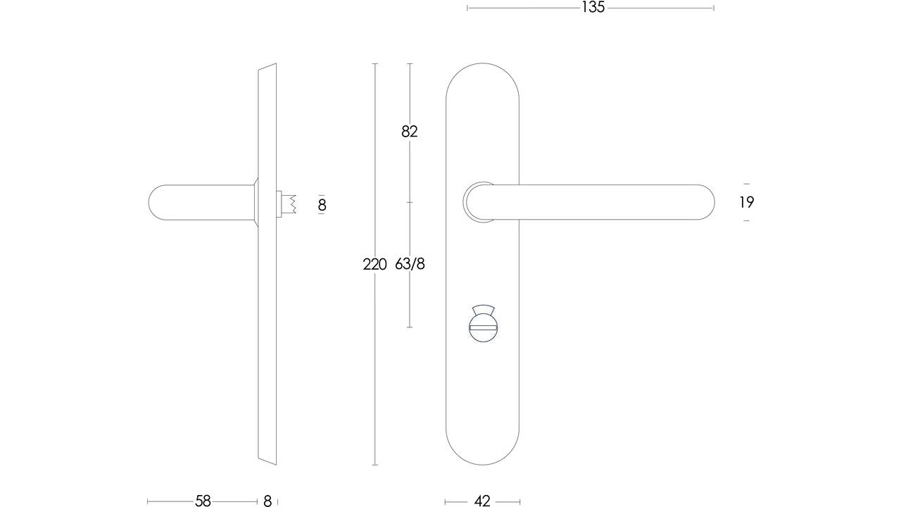 Deurkruk Rond op schild verdekt ovaal 220x42mm wc 63/8mm rvs