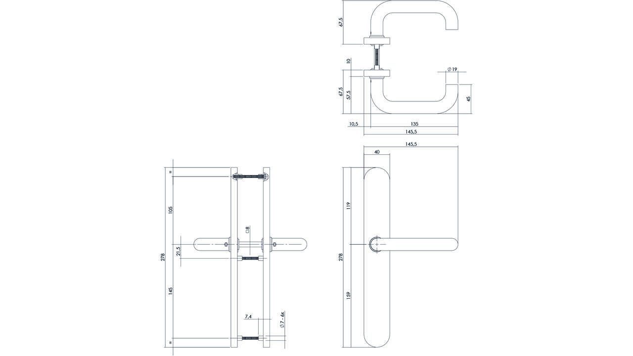 Deurkruk Rond op XL schild verdekt ovaal 278x40mm blind rvs