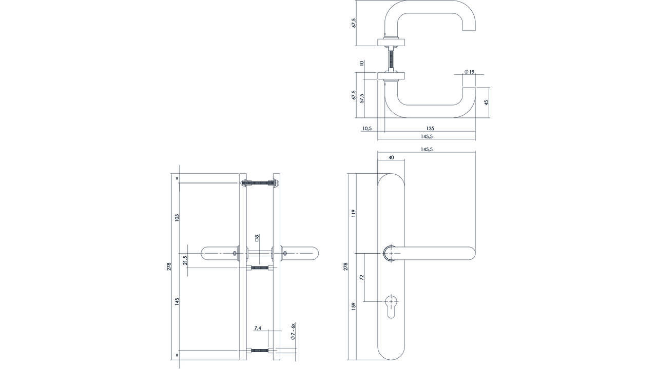 Deurkruk Rond op XL schild verdekt ovaal 278x40mm profielcilindergat 72mm rvs