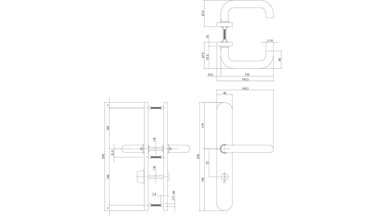 Deurkruk Rond op XL schild verdekt ovaal 278x40mm wc 72/8mm rvs