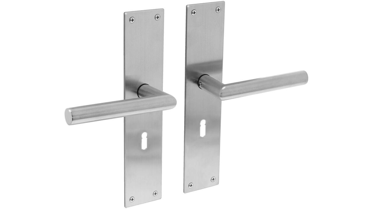 Deurkruk Jura met schild rechthoekig 250x55x2mm sleutelgat 56mm rvs