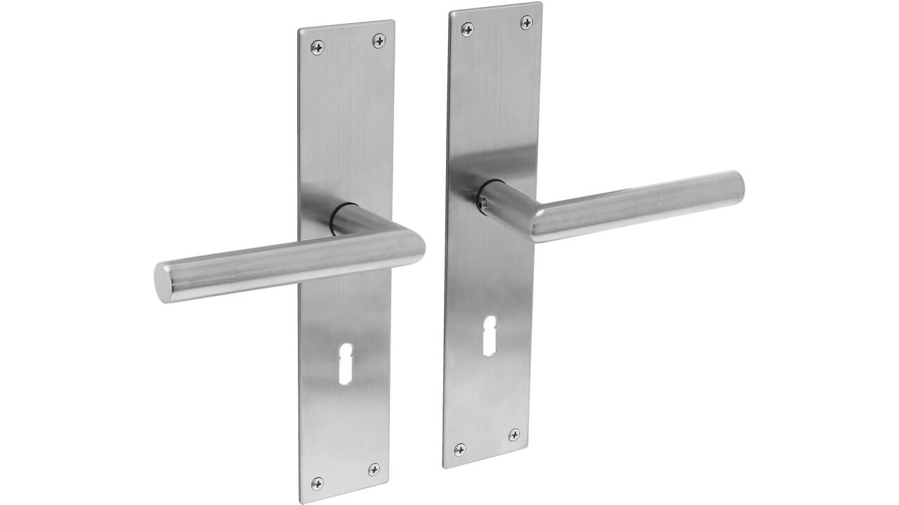 Deurkruk Jura met schild rechthoekig 250x55x2mm sleutelgat 72mm rvs