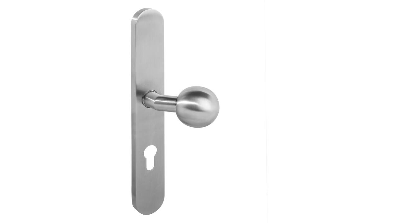 Knopschild ovaal verdekt XL rechts 278x40x10mm met nokken en vaste knop bol/schuin profielcilindergat 72mm rvs