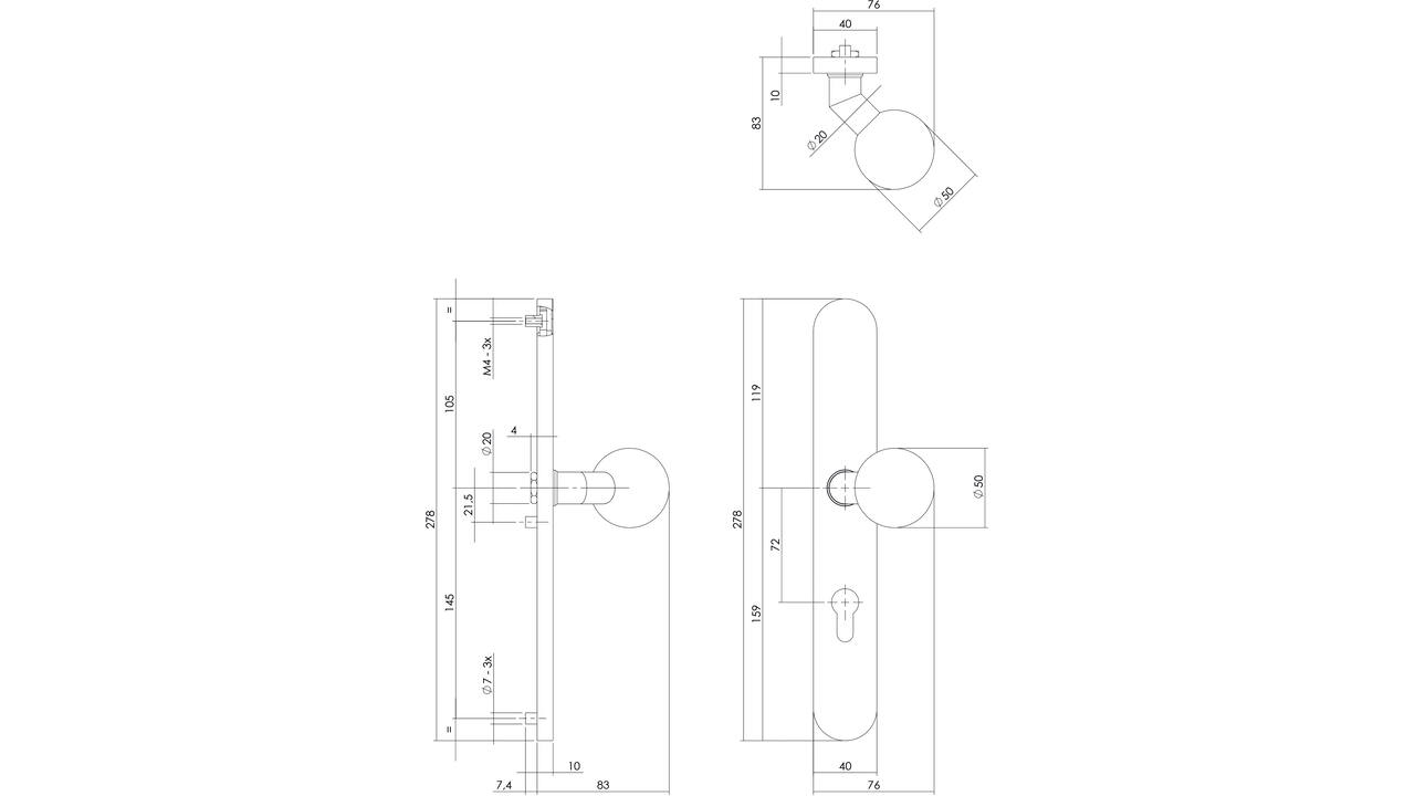 Knopschild ovaal verdekt XL rechts 278x40x10mm met nokken en vaste knop bol/schuin profielcilindergat 72mm rvs