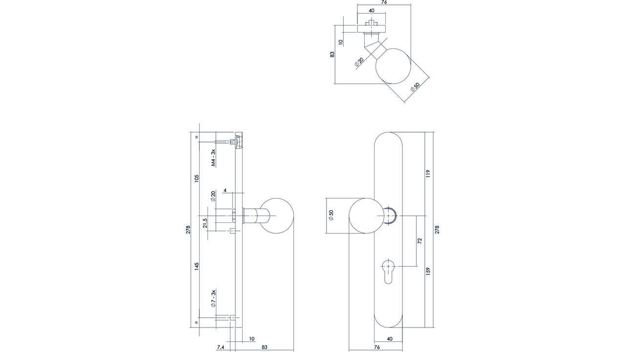 Knopschild ovaal verdekt XL links 278x40x10mm met nokken en vaste knop bol/schuin profielcilindergat 72mm rvs