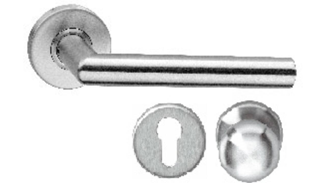 Knop/kruk garnituur Jura brandvertragend op rozet verdekt ø53x10mm met nokken en cilinderrozetten rvs