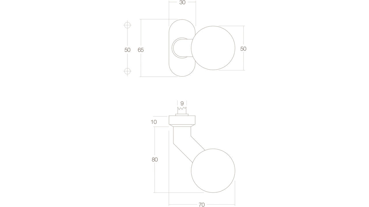 Knopkruk Bol brandvertragend 9mm op rozet verdekt ovaal 65x30x10mm rvs