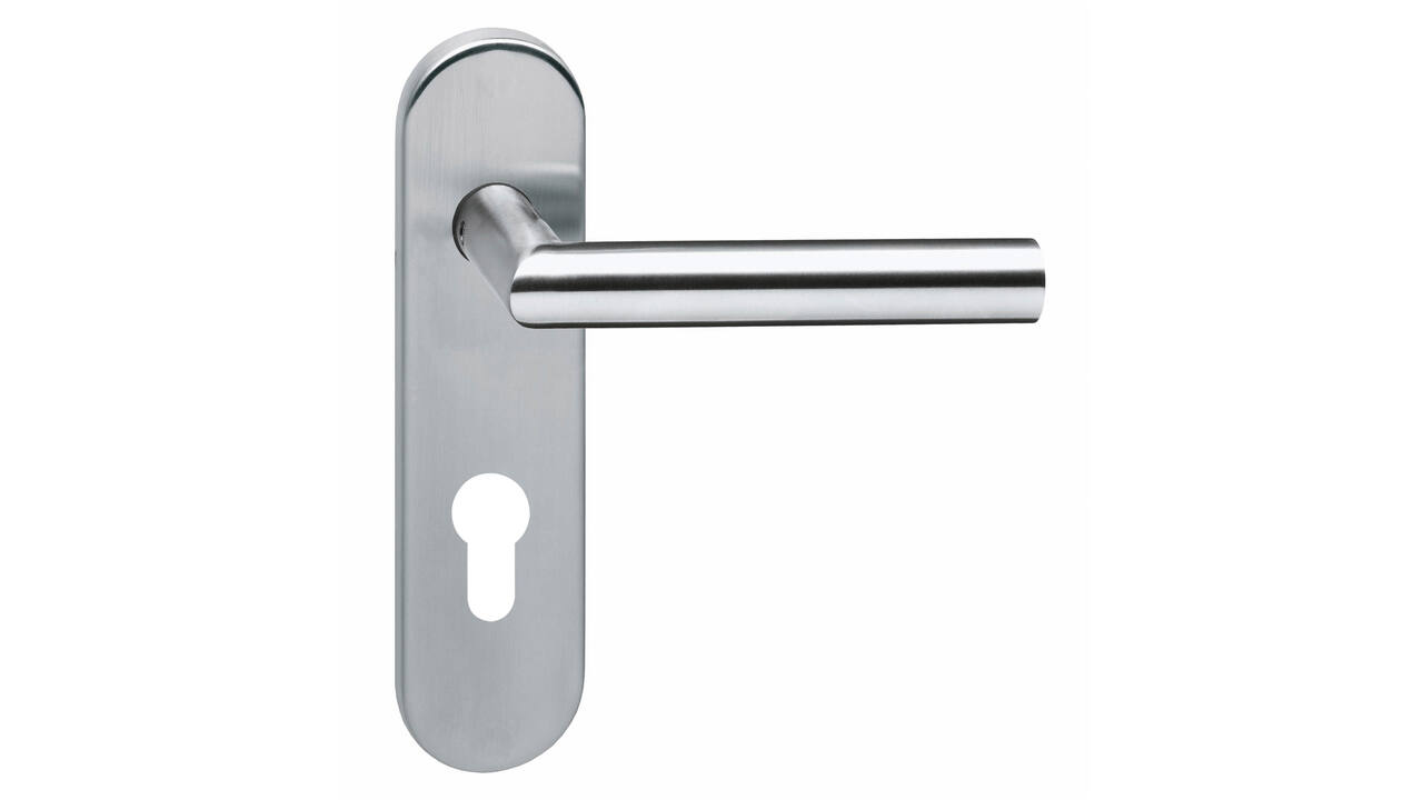 Deurkruk Jura brandvertragend met stift 9x9mm op schild verdekt ovaal 176x46mm profielcilindergat 72mm rvs